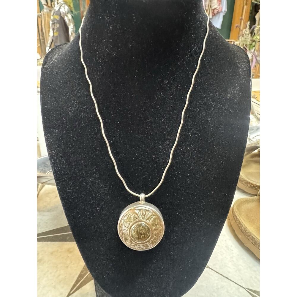 VTG Bronze & Silver Swirl Medallion Pendant on Silver Serpentine Chain Amulet